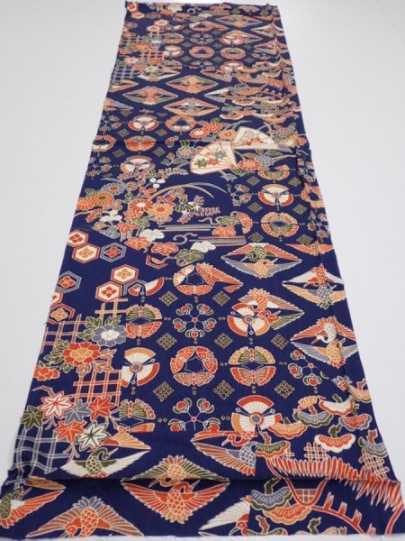 Photo5: 1D01z60  Japanese Kimono Silk  FABRIC Crane Navy 44.9x14.4 (5)