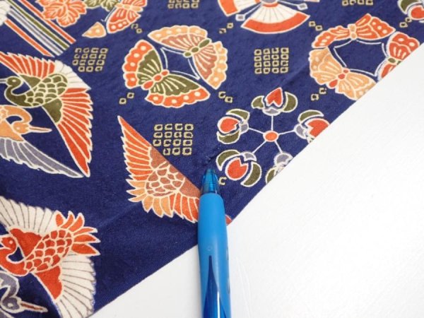 Photo6: 1D01z60  Japanese Kimono Silk  FABRIC Crane Navy 44.9x14.4 (6)