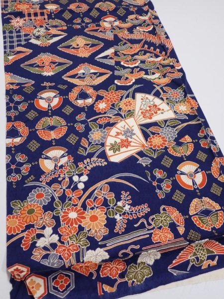 Photo2: 1D02z60  Japanese Kimono Silk  FABRIC Crane Navy 44.9x14.4 (2)