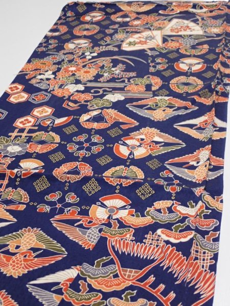 Photo3: 1D02z60  Japanese Kimono Silk  FABRIC Crane Navy 44.9x14.4 (3)