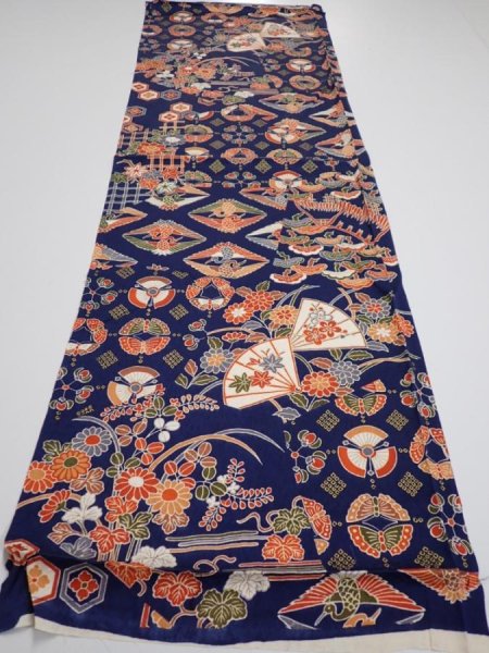 Photo5: 1D02z60  Japanese Kimono Silk  FABRIC Crane Navy 44.9x14.4 (5)