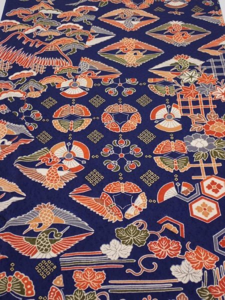 Photo1: 1D03z90  Japanese Kimono Silk  FABRIC Crane Navy 64.2x14.4 (1)