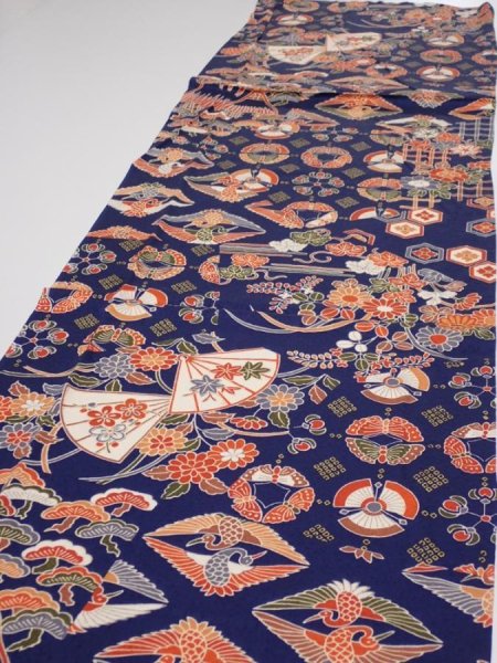 Photo3: 1D03z90  Japanese Kimono Silk  FABRIC Crane Navy 64.2x14.4 (3)