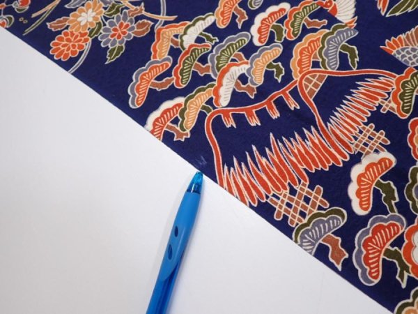 Photo6: 1D03z90  Japanese Kimono Silk  FABRIC Crane Navy 64.2x14.4 (6)