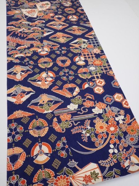 Photo2: 1D04z90  Japanese Kimono Silk  FABRIC Crane Navy 64.2x14.4 (2)