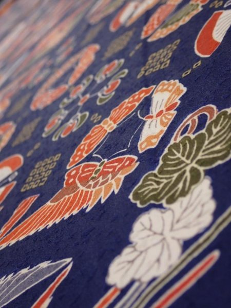 Photo4: 1D04z90  Japanese Kimono Silk  FABRIC Crane Navy 64.2x14.4 (4)