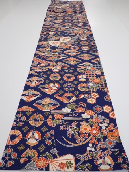 Photo5: 1D04z90  Japanese Kimono Silk  FABRIC Crane Navy 64.2x14.4 (5)