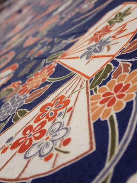 Photo4: 1D05z90  Japanese Kimono Silk  FABRIC Crane Navy 64.2x14.4 (4)