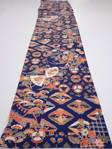 Photo5: 1D05z90  Japanese Kimono Silk  FABRIC Crane Navy 64.2x14.4 (5)