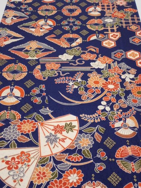 Photo1: 1D06z90  Japanese Kimono Silk  FABRIC Crane Navy 64.6x14.4 (1)