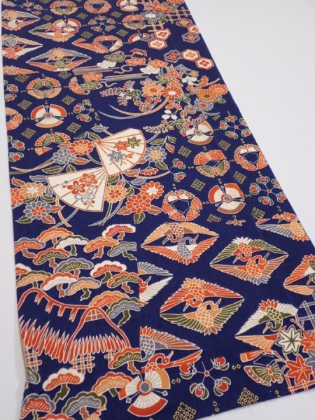 Photo2: 1D06z90  Japanese Kimono Silk  FABRIC Crane Navy 64.6x14.4 (2)