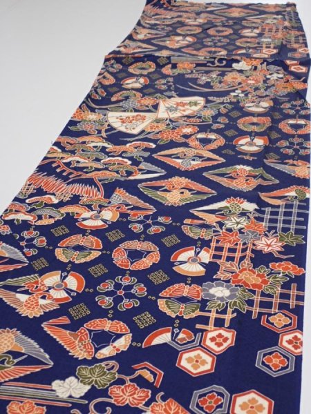 Photo3: 1D06z90  Japanese Kimono Silk  FABRIC Crane Navy 64.6x14.4 (3)