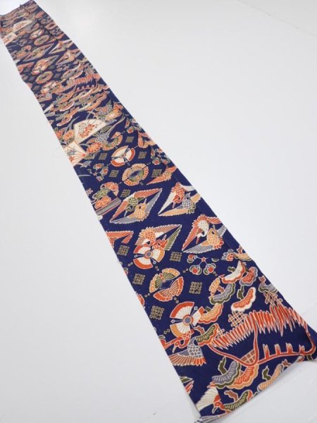 Photo5: 1D07z40  Japanese Kimono Silk  FABRIC Crane Navy 59.1x7.1 (5)