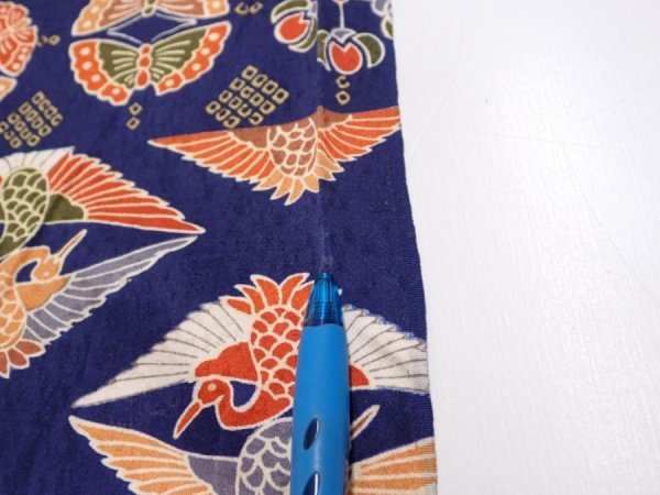 Photo6: 1D07z40  Japanese Kimono Silk  FABRIC Crane Navy 59.1x7.1 (6)
