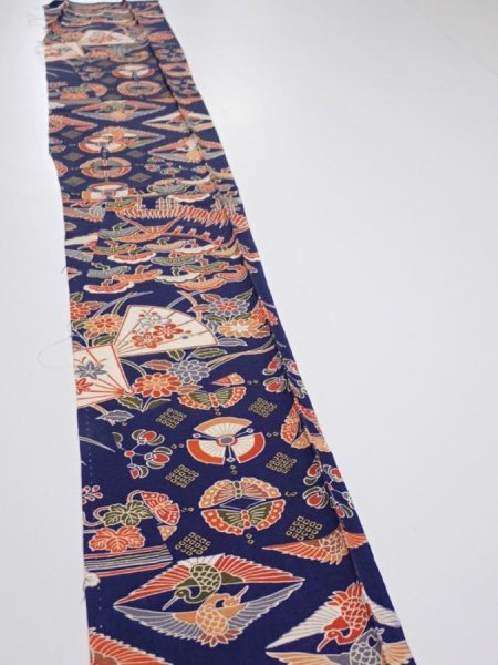 Photo3: 1D08z40  Japanese Kimono Silk  FABRIC Crane Navy 59.8x7.1 (3)