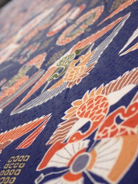 Photo4: 1D08z40  Japanese Kimono Silk  FABRIC Crane Navy 59.8x7.1 (4)