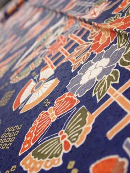 Photo4: 1D09z60  Japanese Kimono Silk  FABRIC Crane Navy 82.7x7.1 (4)