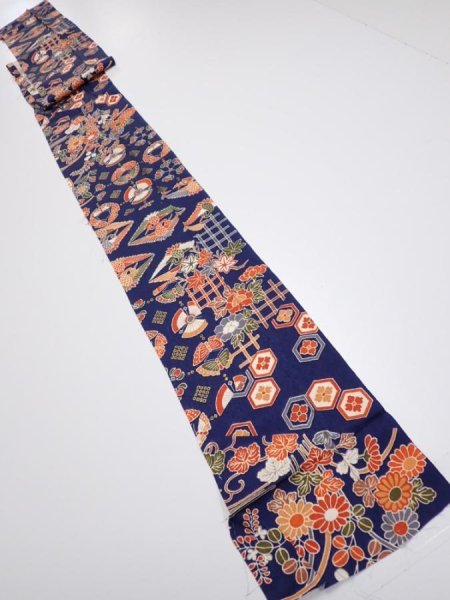 Photo5: 1D09z60  Japanese Kimono Silk  FABRIC Crane Navy 82.7x7.1 (5)