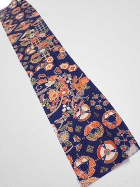 Photo1: 1D10z30  Japanese Kimono Silk  FABRIC Crane Navy 36.6x7.1 (1)
