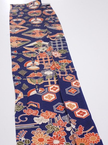 Photo4: 1D10z30  Japanese Kimono Silk  FABRIC Crane Navy 36.6x7.1 (4)