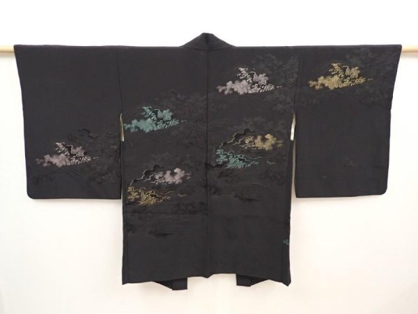 Photo1: 6520T01z540 Vintage Japanese Kimono Silk HAORI Wave Black (1)