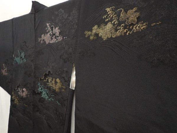 Photo2: 6520T01z540 Vintage Japanese Kimono Silk HAORI Wave Black (2)