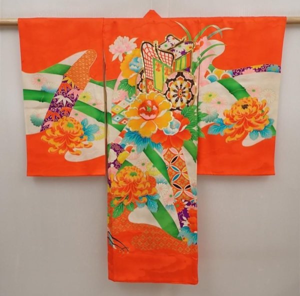 Photo1: 6520T02z350 Vintage Japanese Kimono Silk Girl's  Peony Tomato red (1)