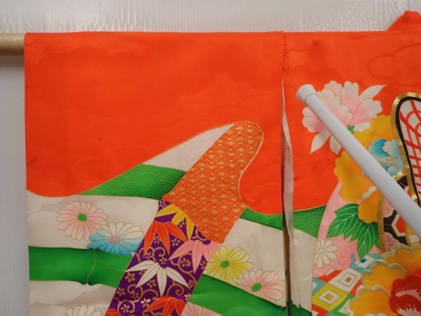 Photo5: 6520T02z350 Vintage Japanese Kimono Silk Girl's  Peony Tomato red (5)
