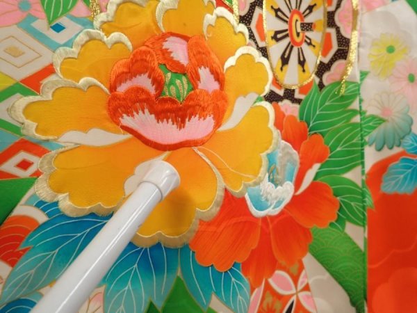 Photo6: 6520T02z350 Vintage Japanese Kimono Silk Girl's  Peony Tomato red (6)