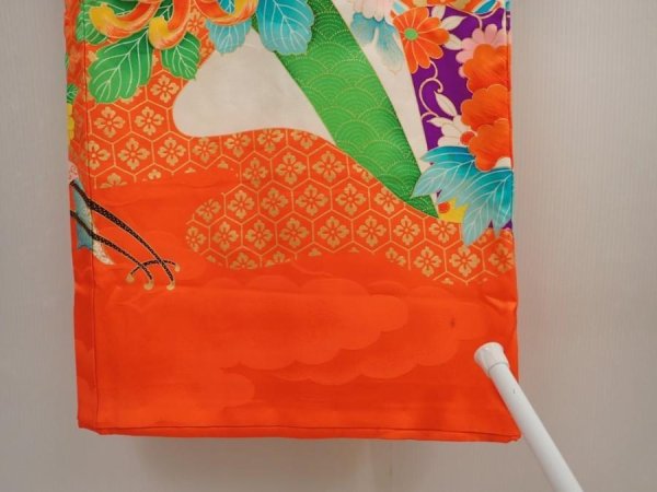 Photo7: 6520T02z350 Vintage Japanese Kimono Silk Girl's  Peony Tomato red (7)