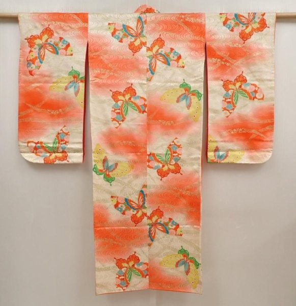 Photo1: 6520T04z660 Vintage Japanese Kimono Silk Girl's  Butterfly Red-Pink (1)