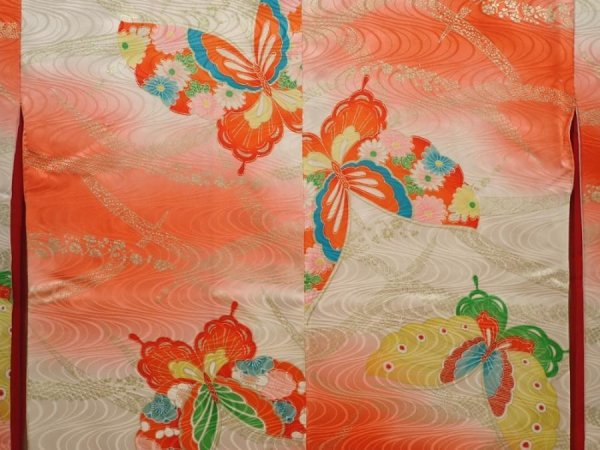 Photo3: 6520T04z660 Vintage Japanese Kimono Silk Girl's  Butterfly Red-Pink (3)
