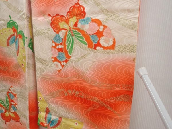 Photo6: 6520T04z660 Vintage Japanese Kimono Silk Girl's  Butterfly Red-Pink (6)