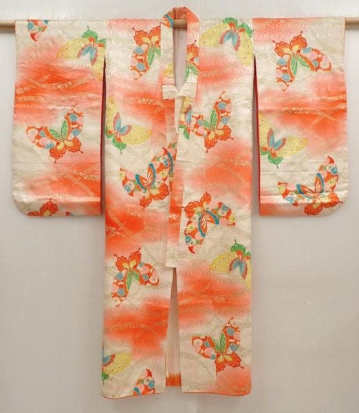 Photo8: 6520T04z660 Vintage Japanese Kimono Silk Girl's  Butterfly Red-Pink (8)