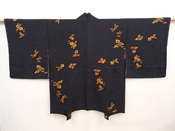 Photo1: 6520T05z510 Vintage Japanese Kimono Silk HAORI Flower Black (1)
