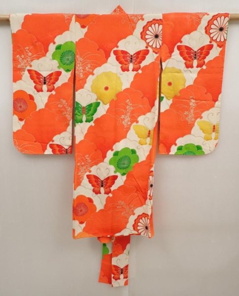 Photo1: 6520T06z420 Vintage Japanese Kimono Silk Girl's  Butterfly Tomato red (1)