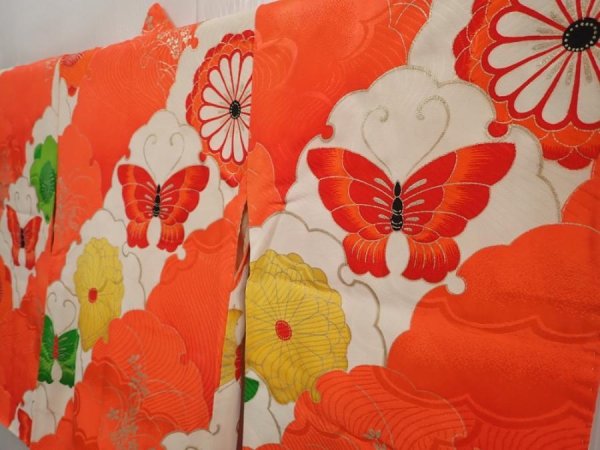 Photo2: 6520T06z420 Vintage Japanese Kimono Silk Girl's  Butterfly Tomato red (2)