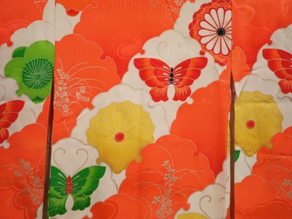 Photo3: 6520T06z420 Vintage Japanese Kimono Silk Girl's  Butterfly Tomato red (3)