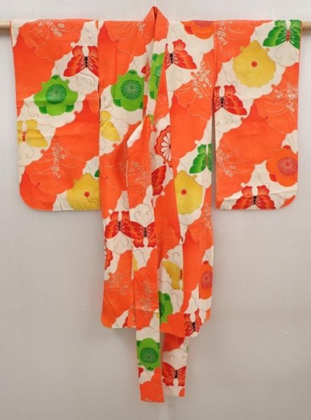 Photo6: 6520T06z420 Vintage Japanese Kimono Silk Girl's  Butterfly Tomato red (6)