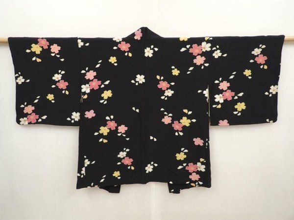 Photo1: 6520T07z470 Vintage Japanese Kimono Silk HAORI Sakura Black (1)