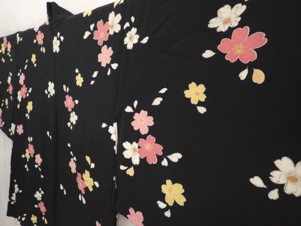 Photo2: 6520T07z470 Vintage Japanese Kimono Silk HAORI Sakura Black (2)