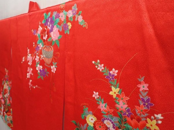 Photo2: 6520T08z630 Vintage Japanese Kimono Synthetic Girl's  Flower cart Red (2)