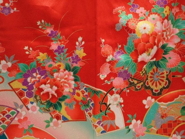 Photo3: 6520T08z630 Vintage Japanese Kimono Synthetic Girl's  Flower cart Red (3)