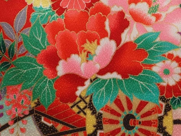 Photo4: 6520T08z630 Vintage Japanese Kimono Synthetic Girl's  Flower cart Red (4)