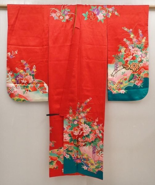 Photo6: 6520T08z630 Vintage Japanese Kimono Synthetic Girl's  Flower cart Red (6)