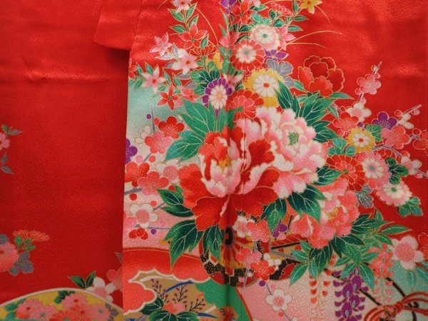 Photo7: 6520T08z630 Vintage Japanese Kimono Synthetic Girl's  Flower cart Red (7)