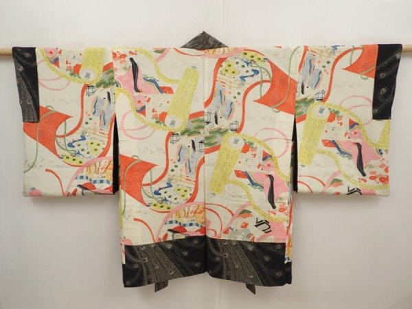 Photo1: 6520T09z590 Vintage Japanese Kimono Silk HAORI Peacock feather Black (1)
