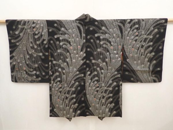 Photo3: 6520T09z590 Vintage Japanese Kimono Silk HAORI Peacock feather Black (3)