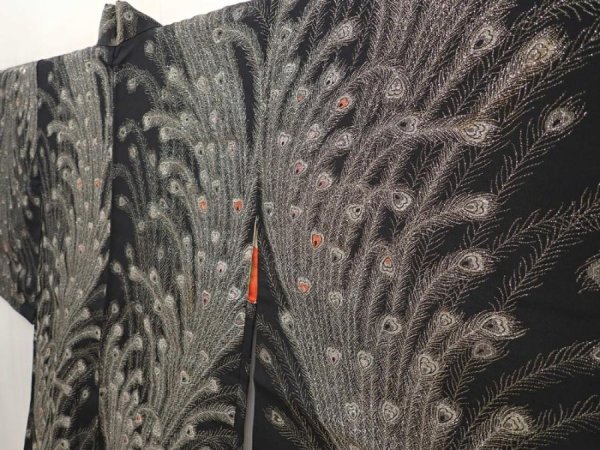 Photo4: 6520T09z590 Vintage Japanese Kimono Silk HAORI Peacock feather Black (4)