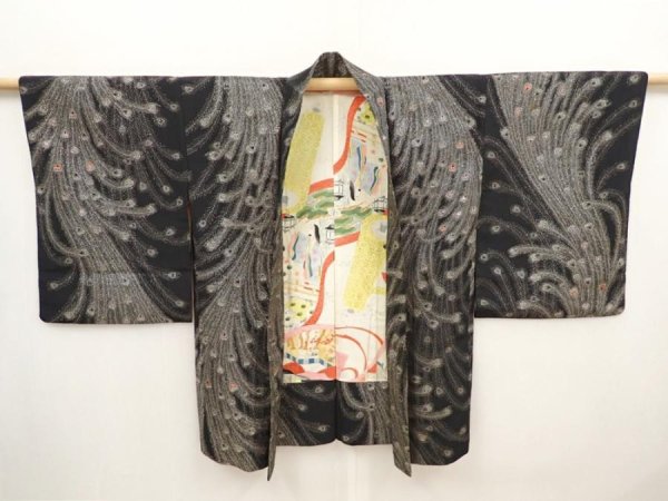 Photo7: 6520T09z590 Vintage Japanese Kimono Silk HAORI Peacock feather Black (7)